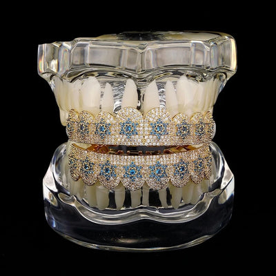 Bling Blue Ice: Iced Out Full Zircon Teeth Grillz Caps - Unisex Micro Pave Set