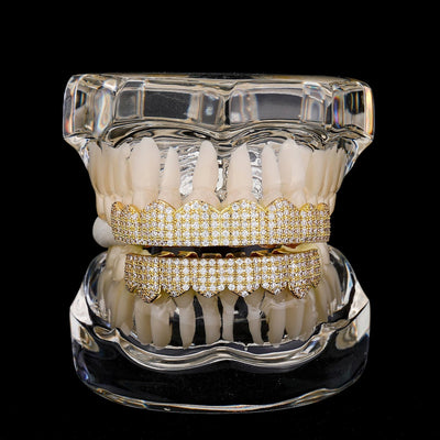 Full Iced Out CZ Stone Gold Silver Teeth Grillz Set - Micro Paved Top & Bottom