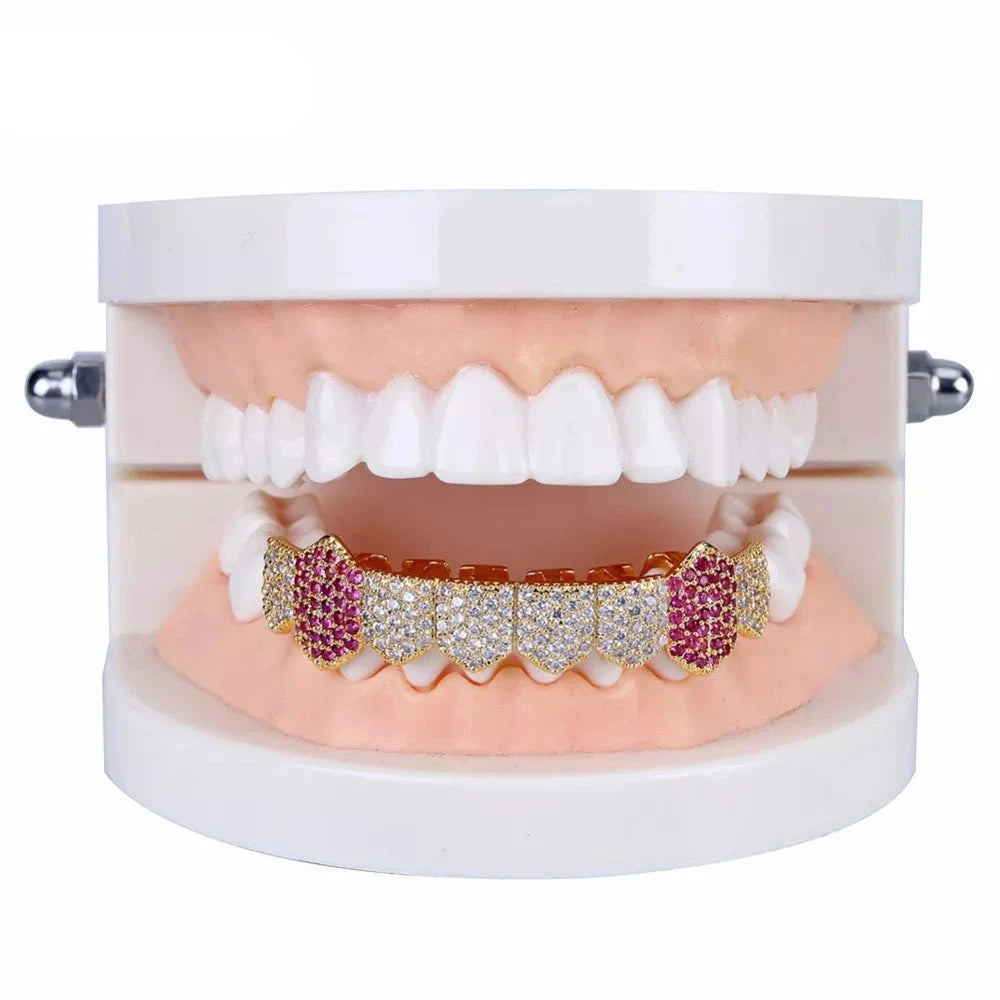 Vamp it Up: Iced Out Gold & Silver Plated Vampire Teeth Grillz with Micro Pave CZ Stones