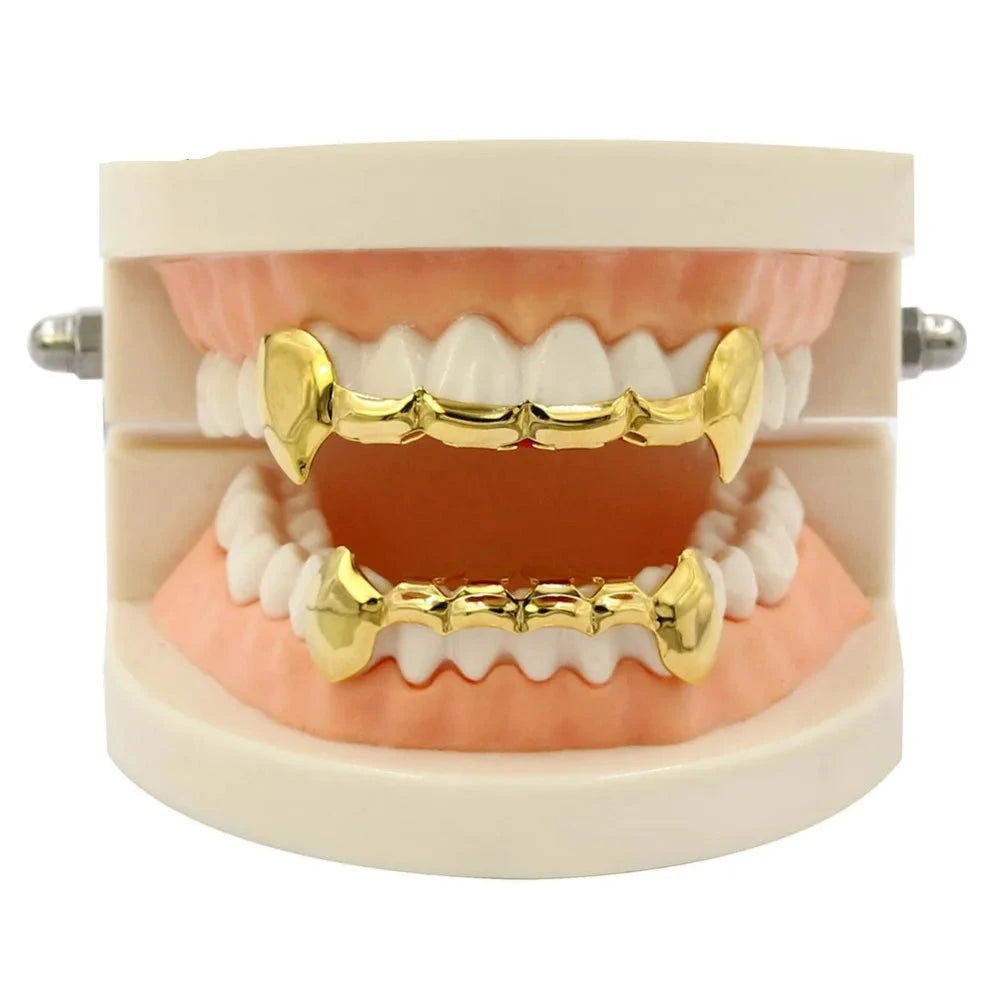 Glam Fangs: Gold Color Plated Dracula Vampire Fang Grillz Caps"