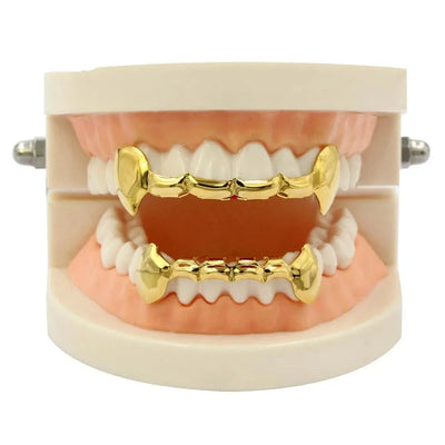 Glam Fangs: Gold Color Plated Dracula Vampire Fang Grillz Caps"