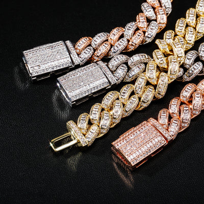 GUCY 16MM Baguette Zircon Necklace Men's Trendy Cool Hip Hop Link Gold Color Plated Copper Bling Rock Jewelry For Gift