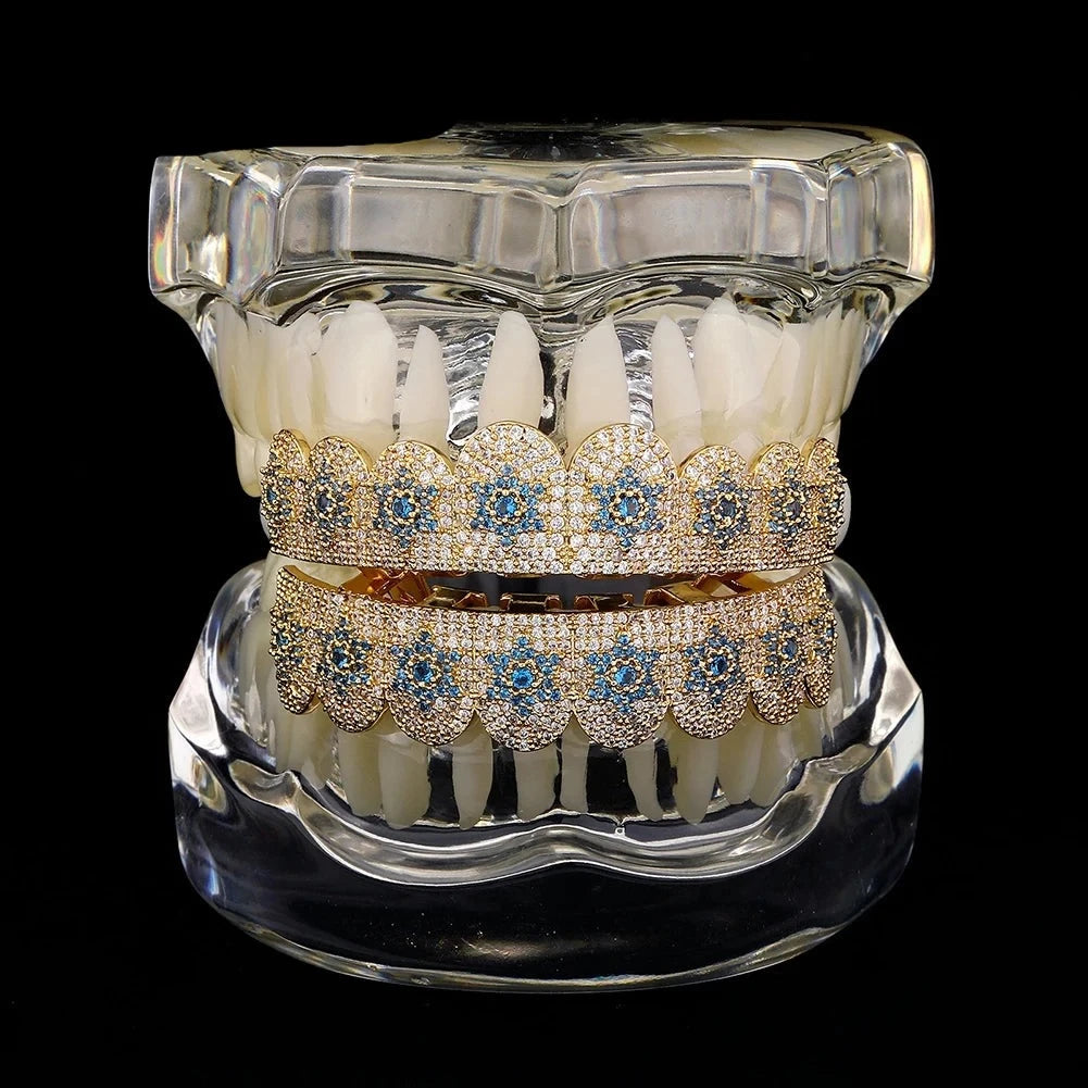 Bling Blue Ice: Iced Out Full Zircon Teeth Grillz Caps - Unisex Micro Pave Set